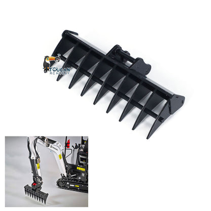 JXModel Metal Ripper Rake Grille Leveling Bucket Leveling Beam Electric Power Rammer Ditch Cleaning Bucket Gripper for 1/14 E20 RC Hydraulic Excavator DIY
