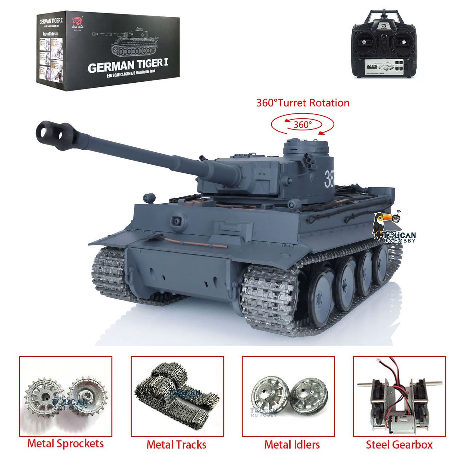 TOUCAN RC HOBBY Henglong 1/16 TK7.0 German Tiger I RTR RC Tank 3818 with 360 Degrees Turret Infrared Combat Smoke BB Unit Metal Tracks Sprockets