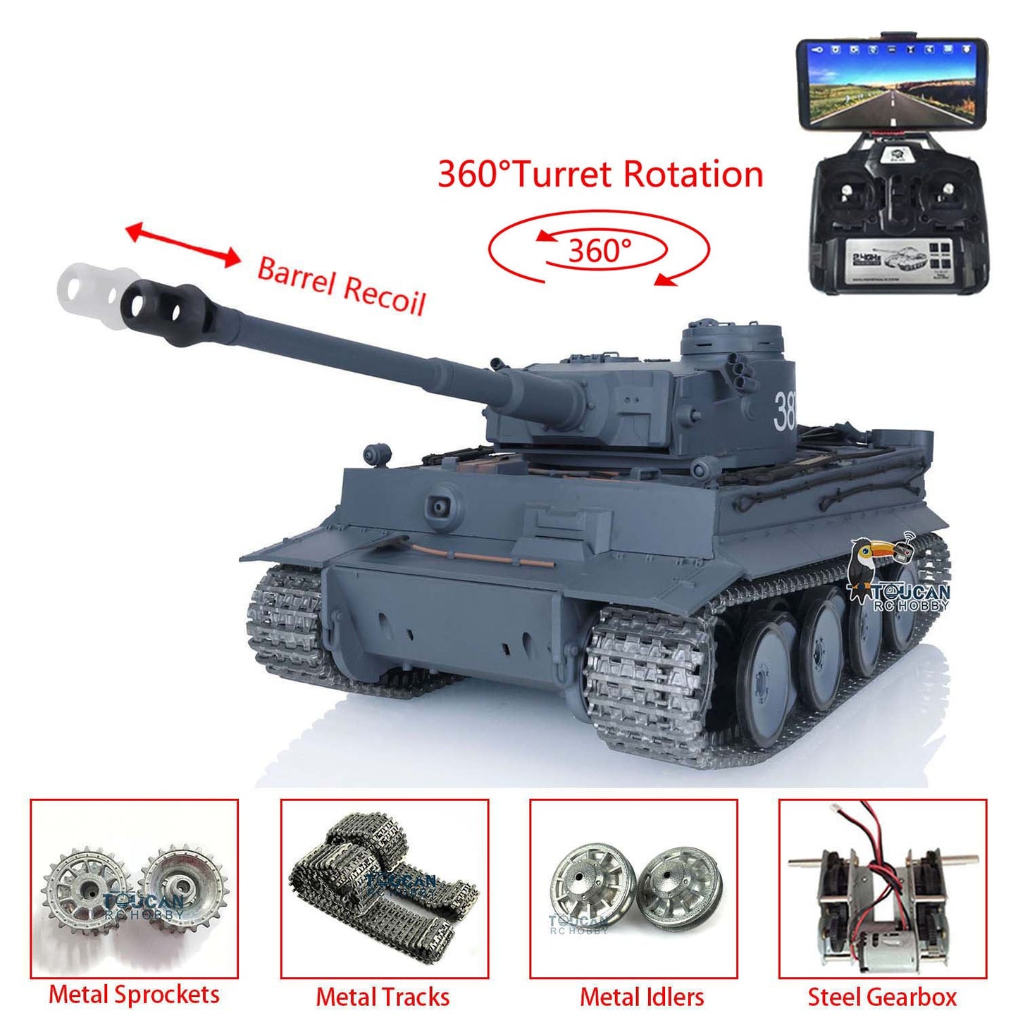 TOUCAN RC HOBBY Henglong 1/16 TK7.0 Promotion 3818 Tiger I RTR RC Tank FPV 360 Degrees Turret Barrel Recoil Smoke BB IR Metal Tracks Sprockets Idlers Wheels