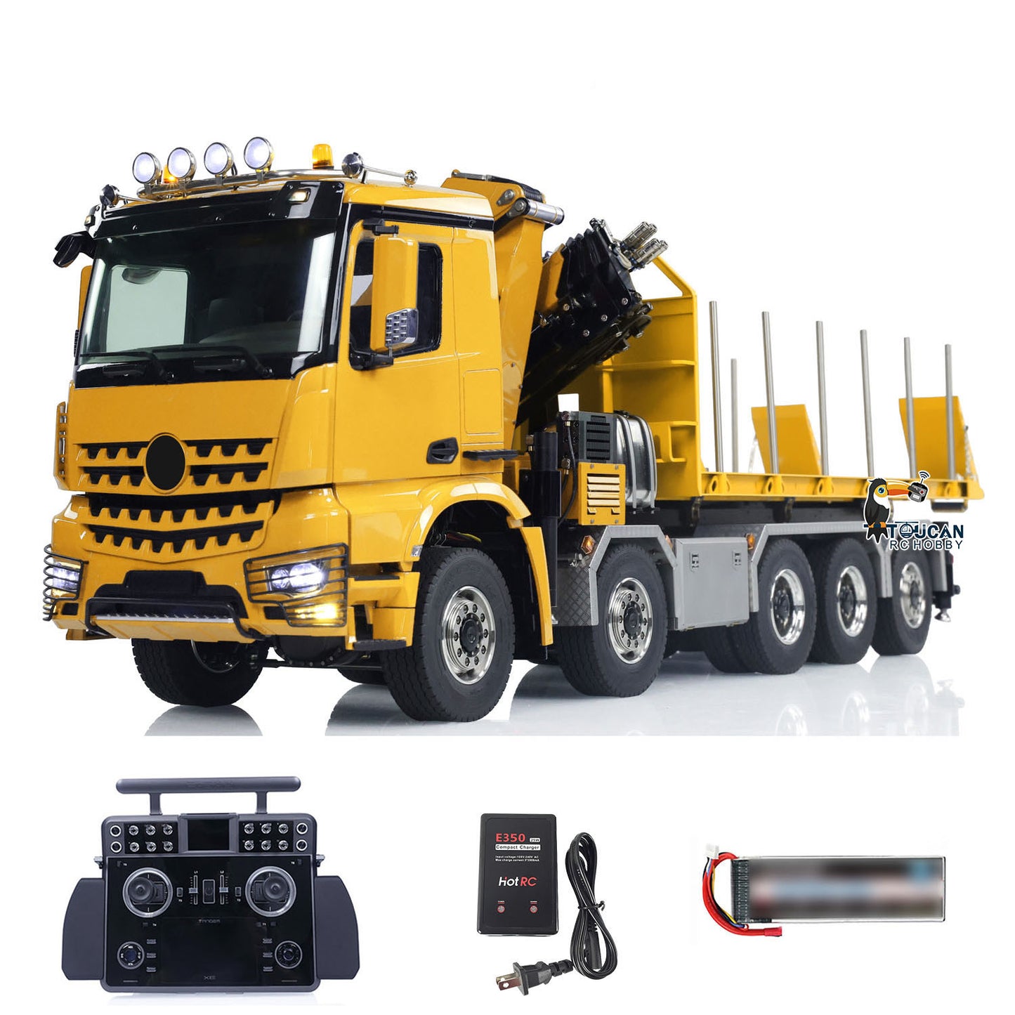 1:14 10*10 RC Hydraulic Crane Full Dump Metal Lorry Rear Axle Steering with U-shaped Short High Standard Bucket Timber Flatbed