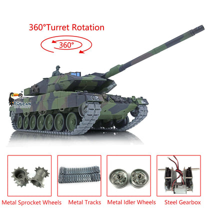 TOUCAN RC HOBBY Henglong 1/16 TK7.0 Leopard2A6 RTR RC Tank 3889 with 360 Degrees Turret BB Infrared Combat Smoke Metal Tracks Sprockets Idlers Wheels