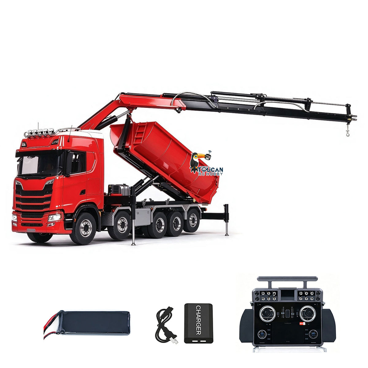 TOUCAN RC HOBBY LXY 770S 1/14 Metal Roll On Off RC Dumper Truck with Crane RTR 10*10 Hydraulic Tipper Vehicle U Shaped Bucket 9CH Valve 3 Speed Gearbox Light Sound Rear Axle Lifting&Steering for RC Construction Model Collectors