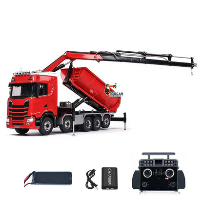 TOUCAN RC HOBBY LXY 770S 1/14 Metal Roll On Off RC Dumper Truck with Crane RTR 10*10 Hydraulic Tipper Vehicle U Shaped Bucket 9CH Valve 3 Speed Gearbox Light Sound Rear Axle Lifting&Steering for RC Construction Model Collectors