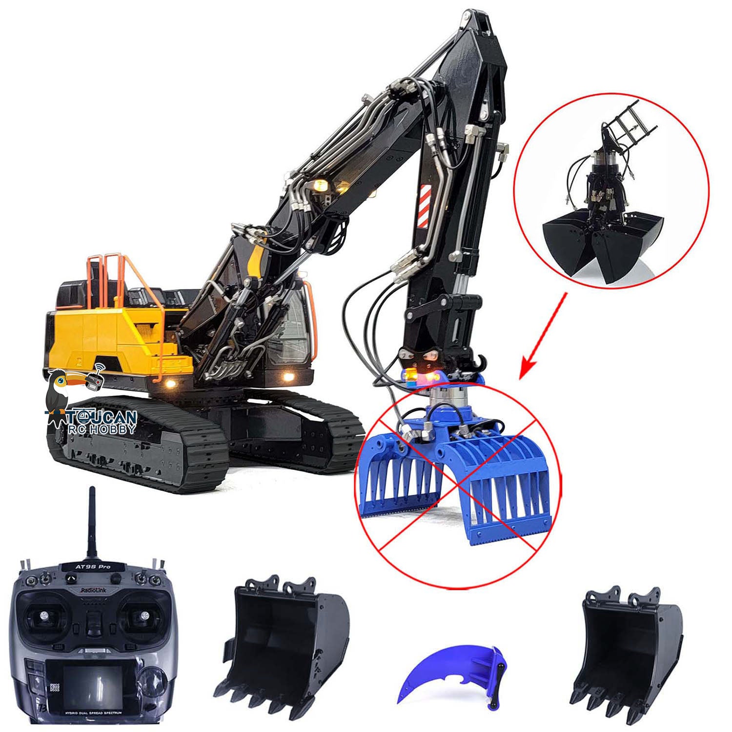 MTM Metal Remote Control Tracked Digger Cars 1/14 EC380 3 Arms RC Hydr ...