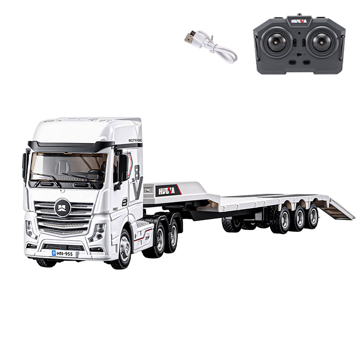 Pre-order RTR HUINA 1/64 Remote Control Tractor Truck 9900 W/ 3Axle Plastic Semi Flatbed Trailer Lights Sound Effect Manual Support Legs