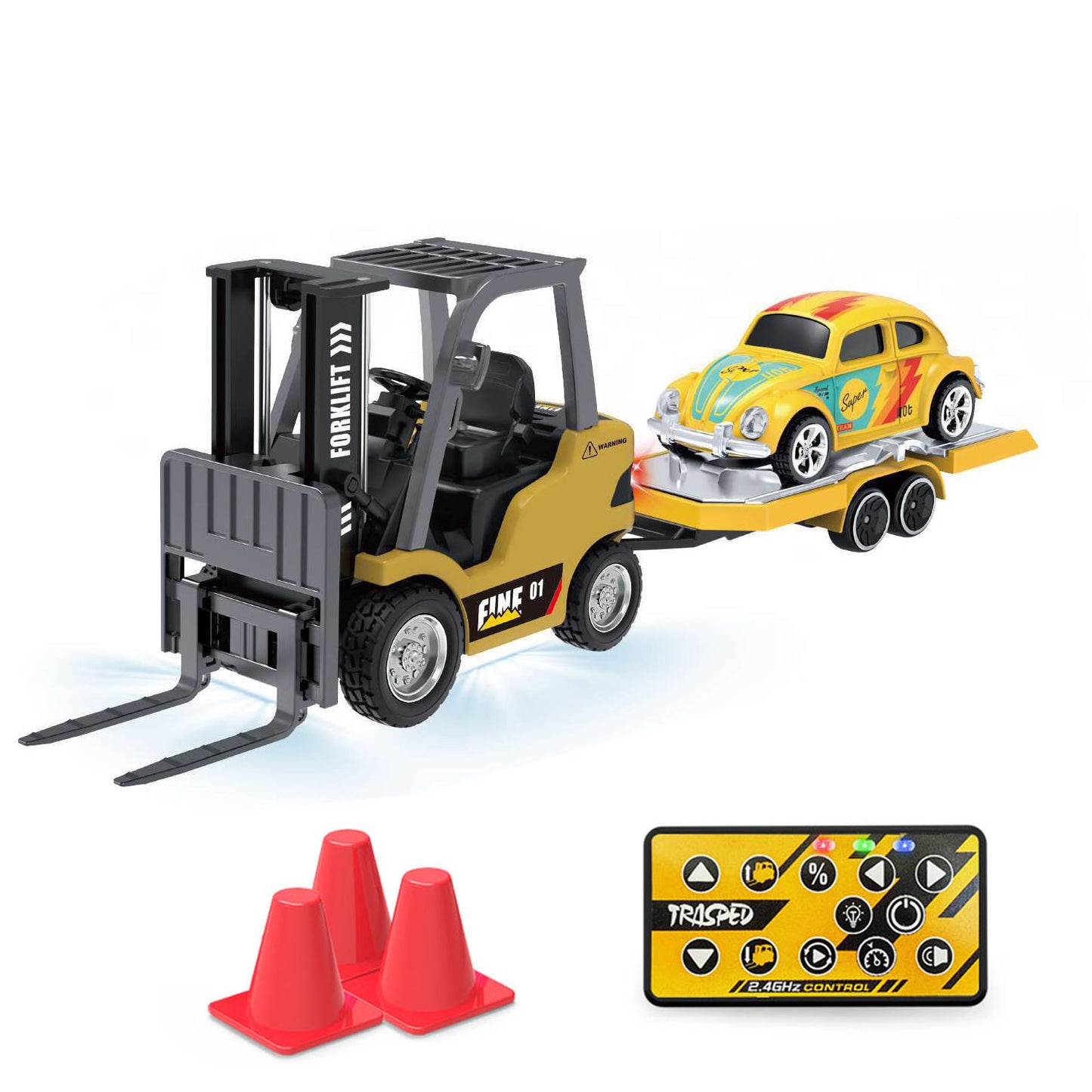 1/64 2.4GHz Remote Control Forklift Half Alloy RC Vehicle Light Sound Effect W/ Mini Trailer Car Tabletop Model Collection Gift