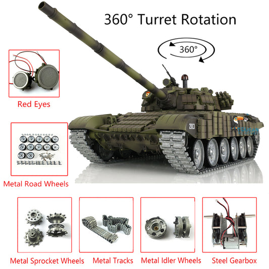 Henglong 1/16 RTR Metal RC Tank Remote Controlled Tracks 360 Turret 7.0 Russia T72 Red Eyes 3939 BB Pellets Infrared Battle