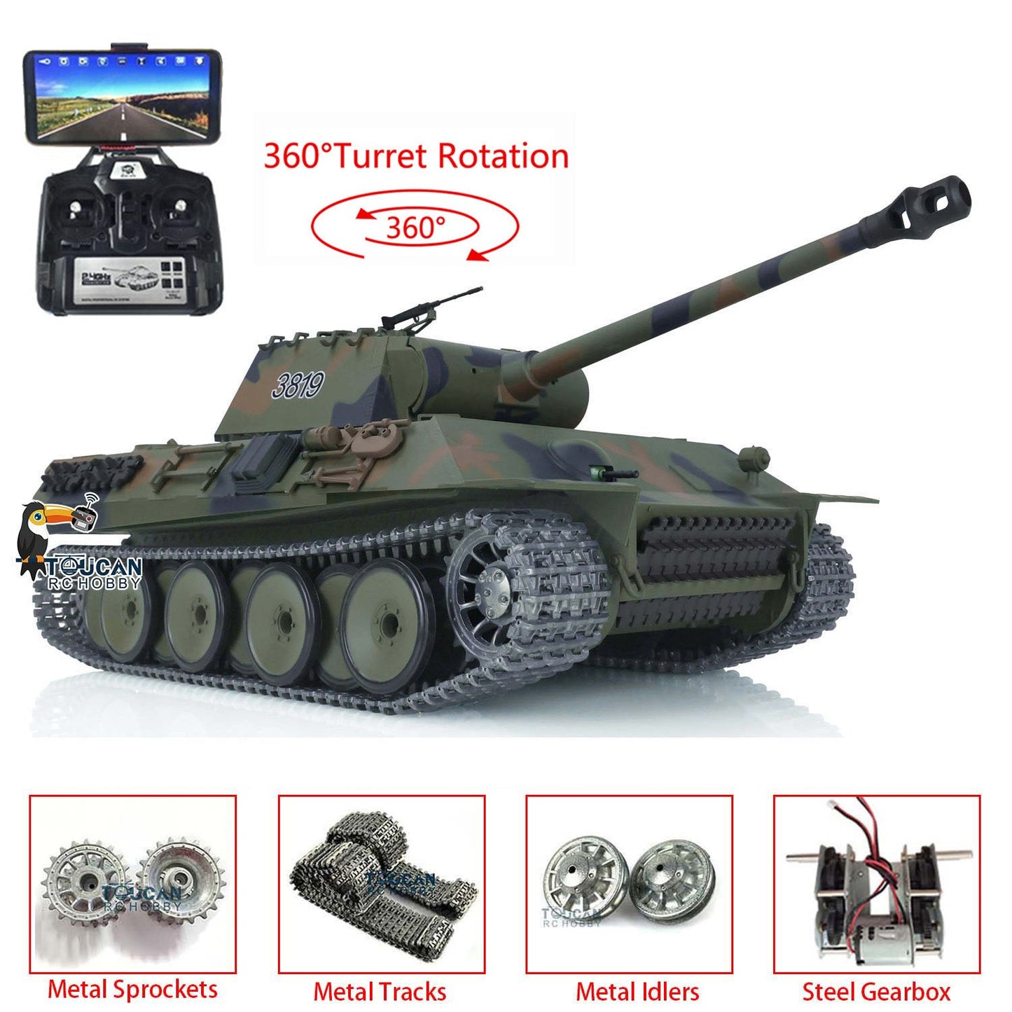TOUCAN RC HOBBY Henglong 1/16 TK7.0 Promotion 3819 German Panther V RTR RC Tank IR BB 360 Degrees Turret Smoke Metal Tracks Sprockets Idlers Wheels Gearbox