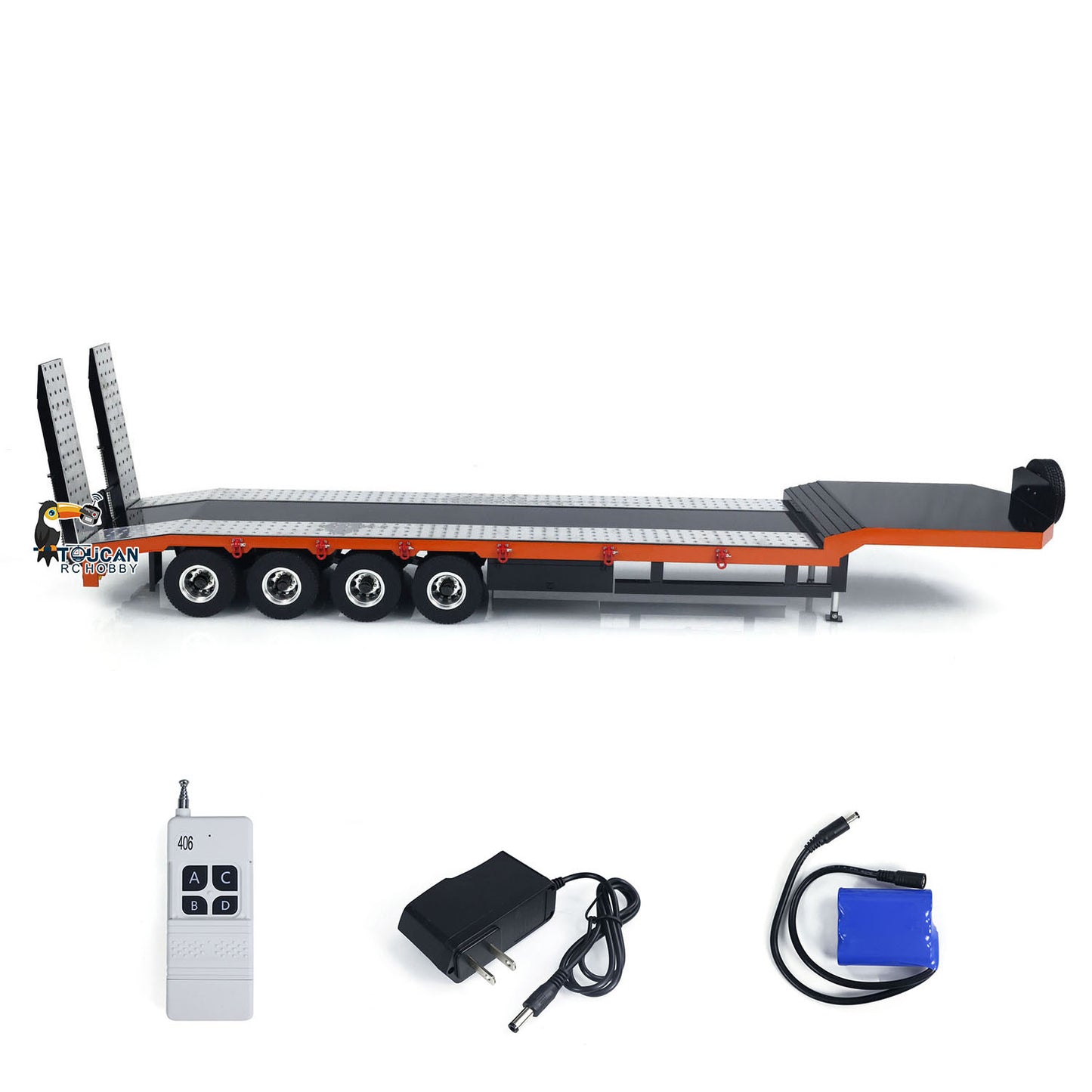 1:14 4-axle Metal Trailer for RC Tractor Car Trucks Electric Tailgate Legs Painted Assembled DIY Model Battery