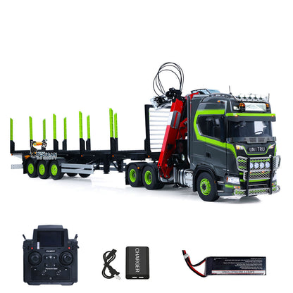Toucan 1/14 6x6 RC Metal Tractor Truck 3-axle Hydraulic Crane Logging Trailer Light Sound Smoke System Customized Lorry Vehicle for Model Collector