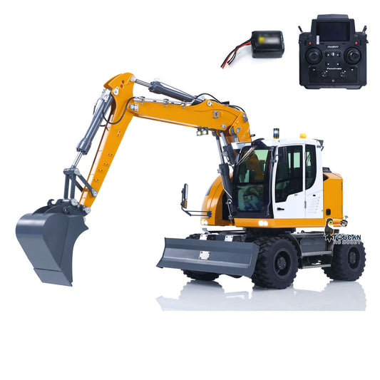 CUT Model LR914 1/14 Metal RC Hydraulic Wheel Excavator RTR 7-Way Valve 4x4 Differential Lock Warning Light Sound Quick Release Coupler LCD Display for Digger Collectors