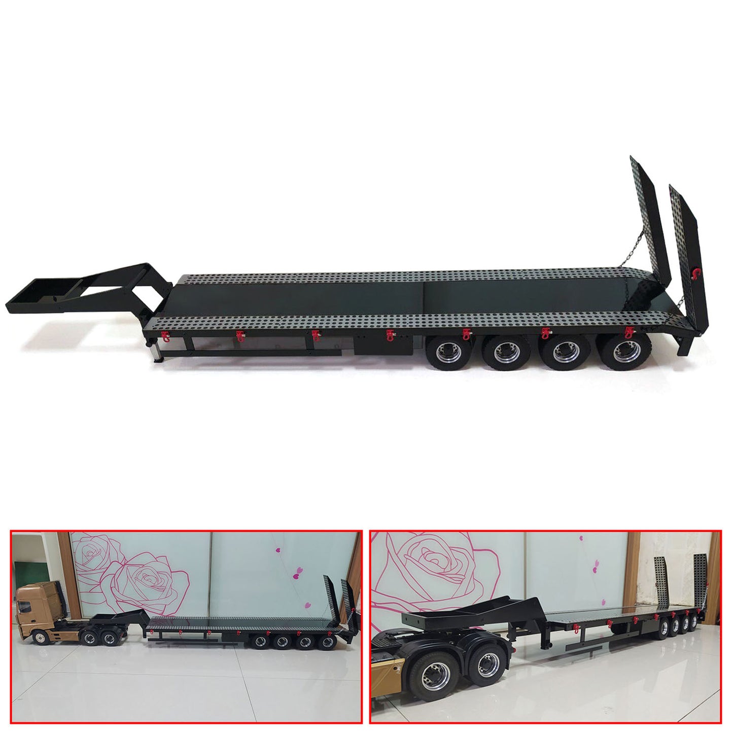 1/14 Metal 4 Axles Semi-trailer Trailer for RC Tractor Truck Remote Controlled Simulation Car Electric Machine Painted Assembled