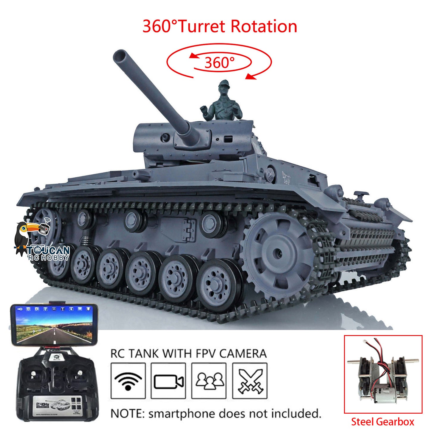 Henglong 1/16 RC Tank 7.0 Plastic Panzer III L 3848 Remote Control Tank w/ 360Degrees Rotating Turret FPV Steel Gearbox Smoking