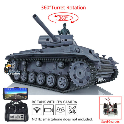 Henglong 1/16 RC Tank 7.0 Plastic Panzer III L 3848 Remote Control Tank w/ 360Degrees Rotating Turret FPV Steel Gearbox Smoking