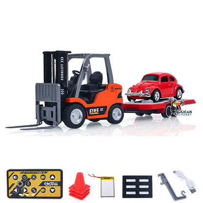 1/64 2.4GHz Remote Control Forklift Half Alloy RC Vehicle Light Sound Effect W/ Mini Trailer Car Tabletop Model Collection