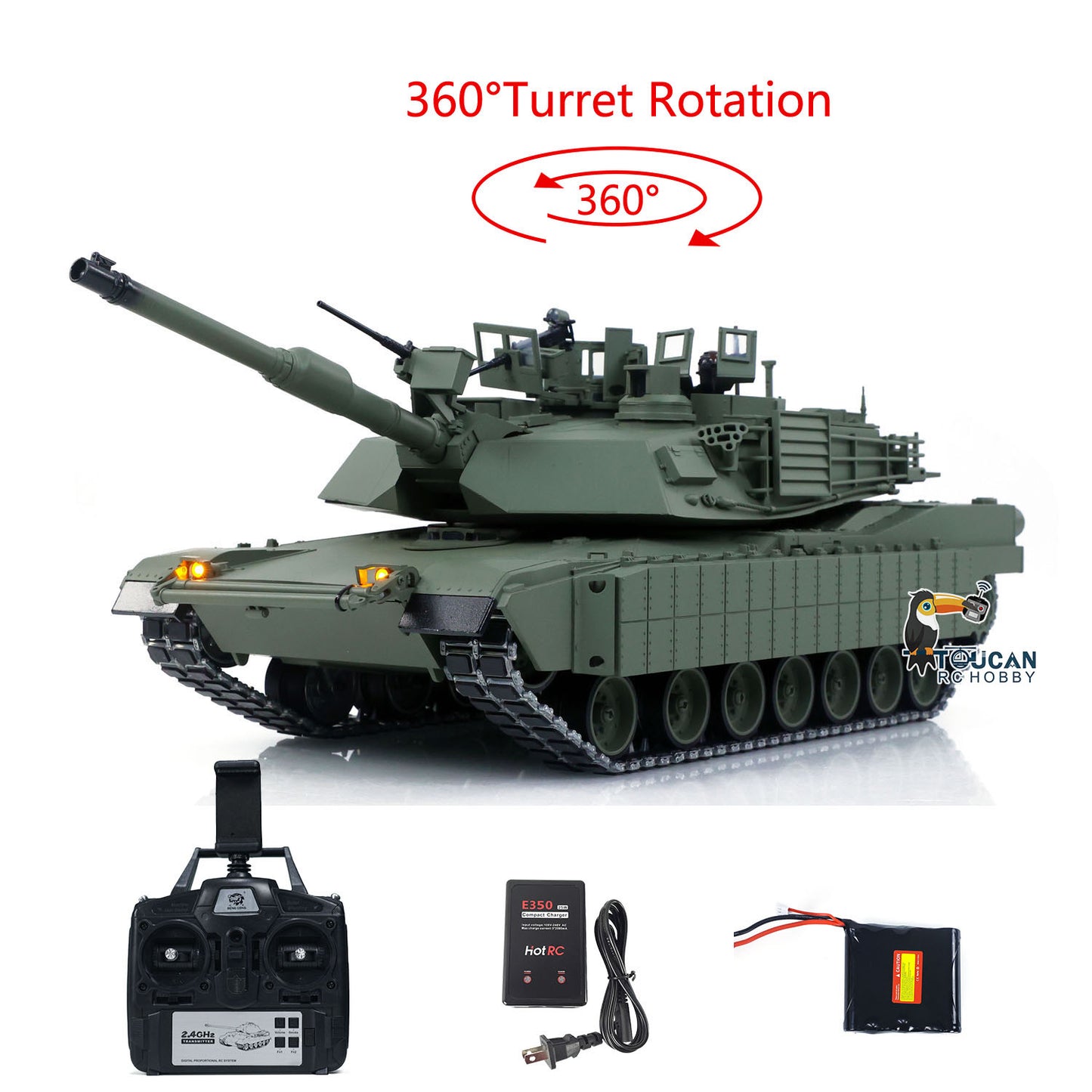 TUSK I TOUCAN 1:16 Metal M1A2 Abrams RC Tank 360 Turret Rotation IR Barrel Elevation Recoil Dual Smoke Units Electric Periscope