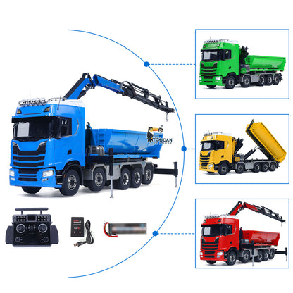 1/14 10x10 Remote Control Hydraulic Crane Dump Truck Metal Chassis Rail RC Full Tipper 770S Differential Lock Rear Steering Axle