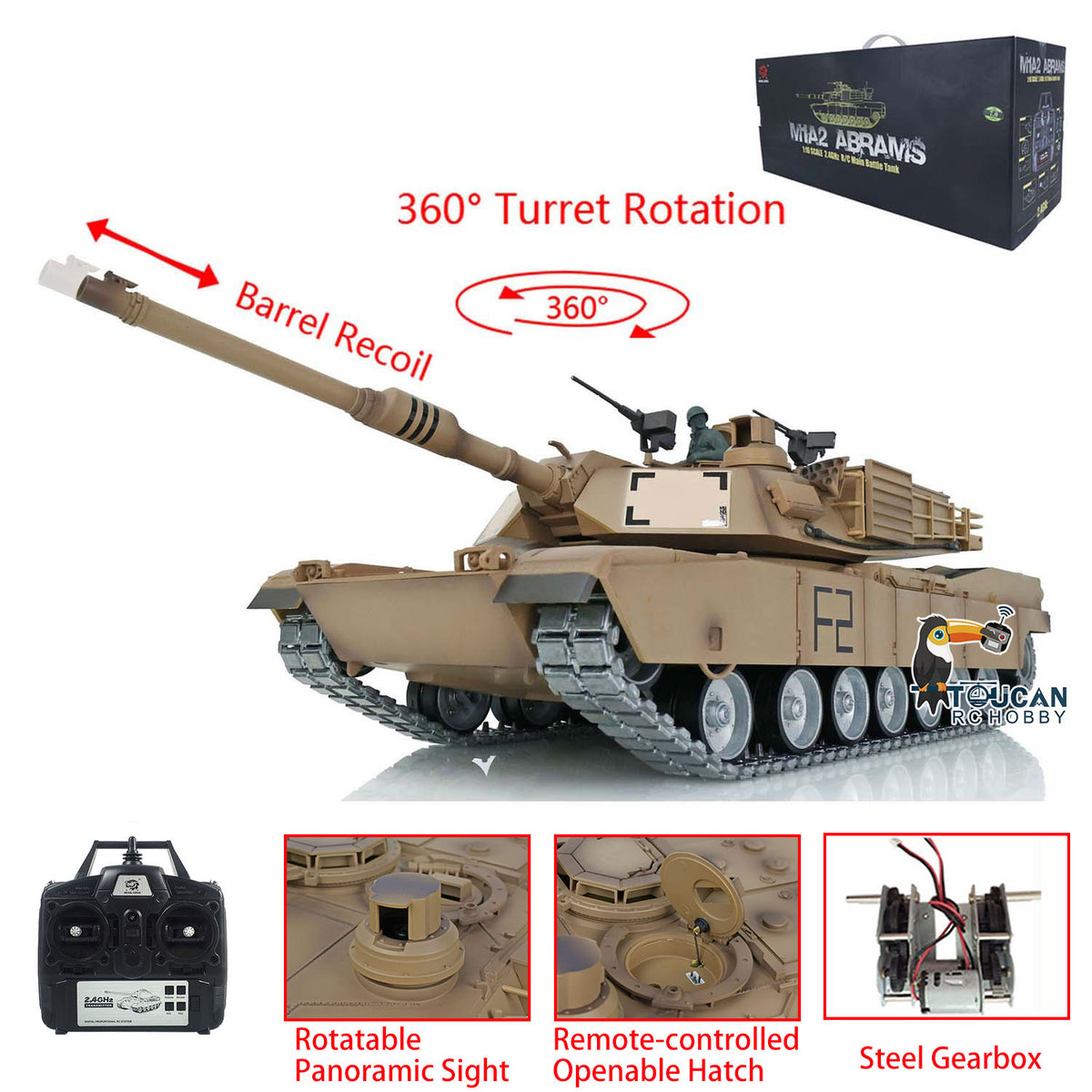 TOUCAN RC HOBBY Heng Long Abrams RC-Panzer 1/16 7.1 3918 ferngesteuertes Kettenfahrzeug mit zu öffnender Luke