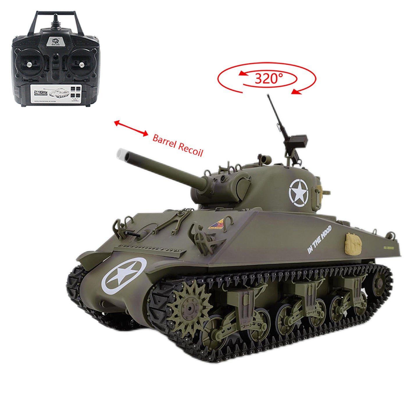Plastic Henglong 1/16 7.0 RC Tank M4A3 Sherman 3898 320 Degrees Turret Barrel Recoil BB IR Smoking Steel Gearbox Battery 2.4G Radio