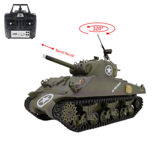 Plastic Henglong 1/16 7.0 RC Tank M4A3 Sherman 3898 320 Degrees Turret Barrel Recoil BB IR Smoking Steel Gearbox Battery 2.4G Radio