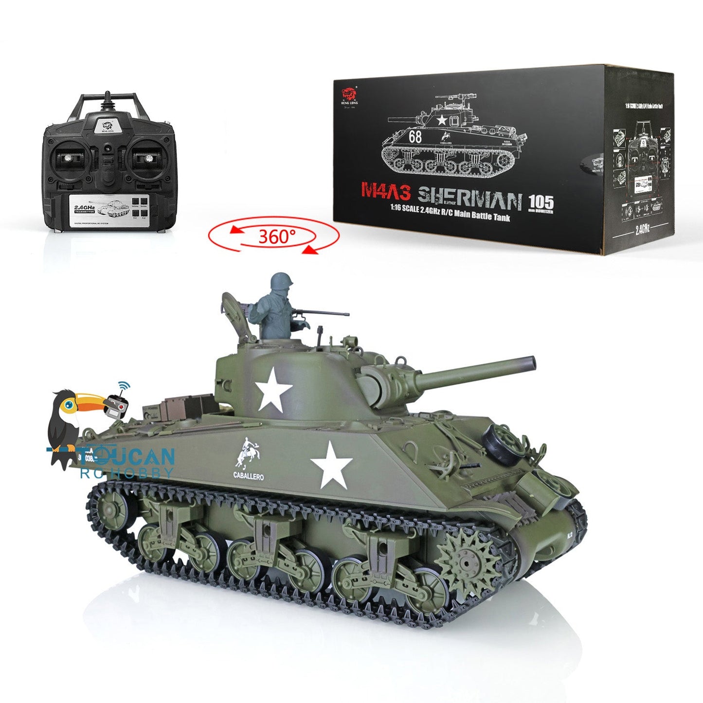 TOUCAN RC HOBBY Henglong 1/16 TK7.0 Plastic USA M4A3 Sherman 3898 RTR RC Tank 360 Degrees Turret BB IR Barrel Recoil Smoke Metal Barrel Steel Gearbox