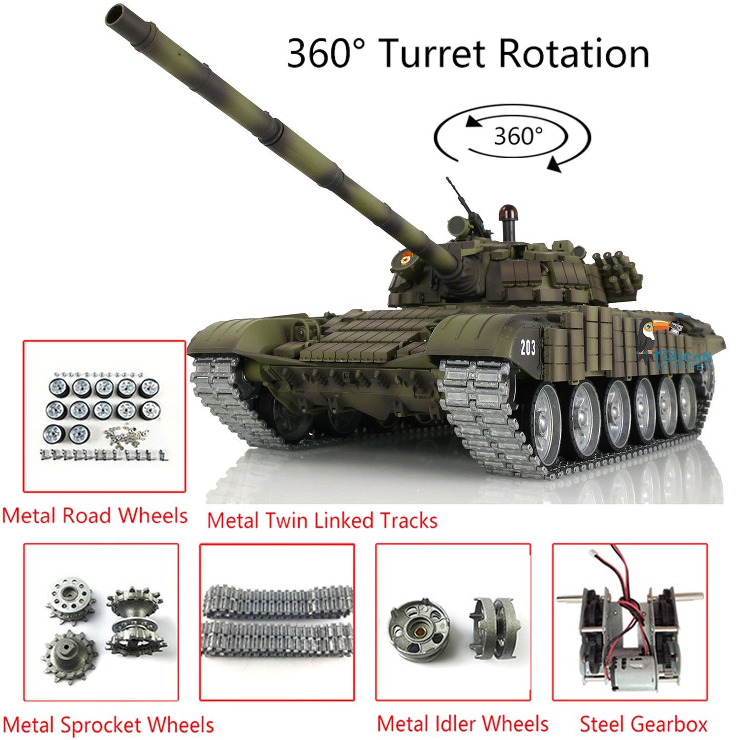 Heng Long Military 1/16 T72 TK7.0 Metal RC Battle Tank Remote Controlled Armor Tracks 360 Rotating Turret Hobby Models