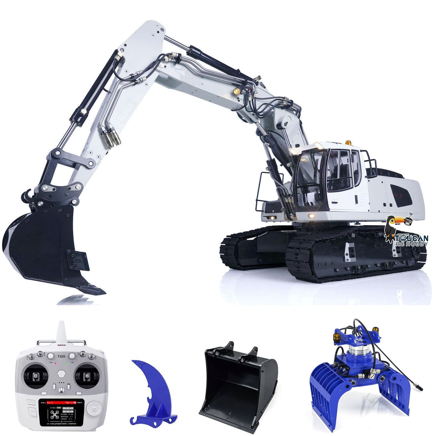 MTM 946-3 Metal 1/14 Excavator All-Metal Hydraulic Tracked Model with T12D Transmitter and Blue Hydraulic Grab plus 2 Buckets and Ripper, Battery Charger Not Included
