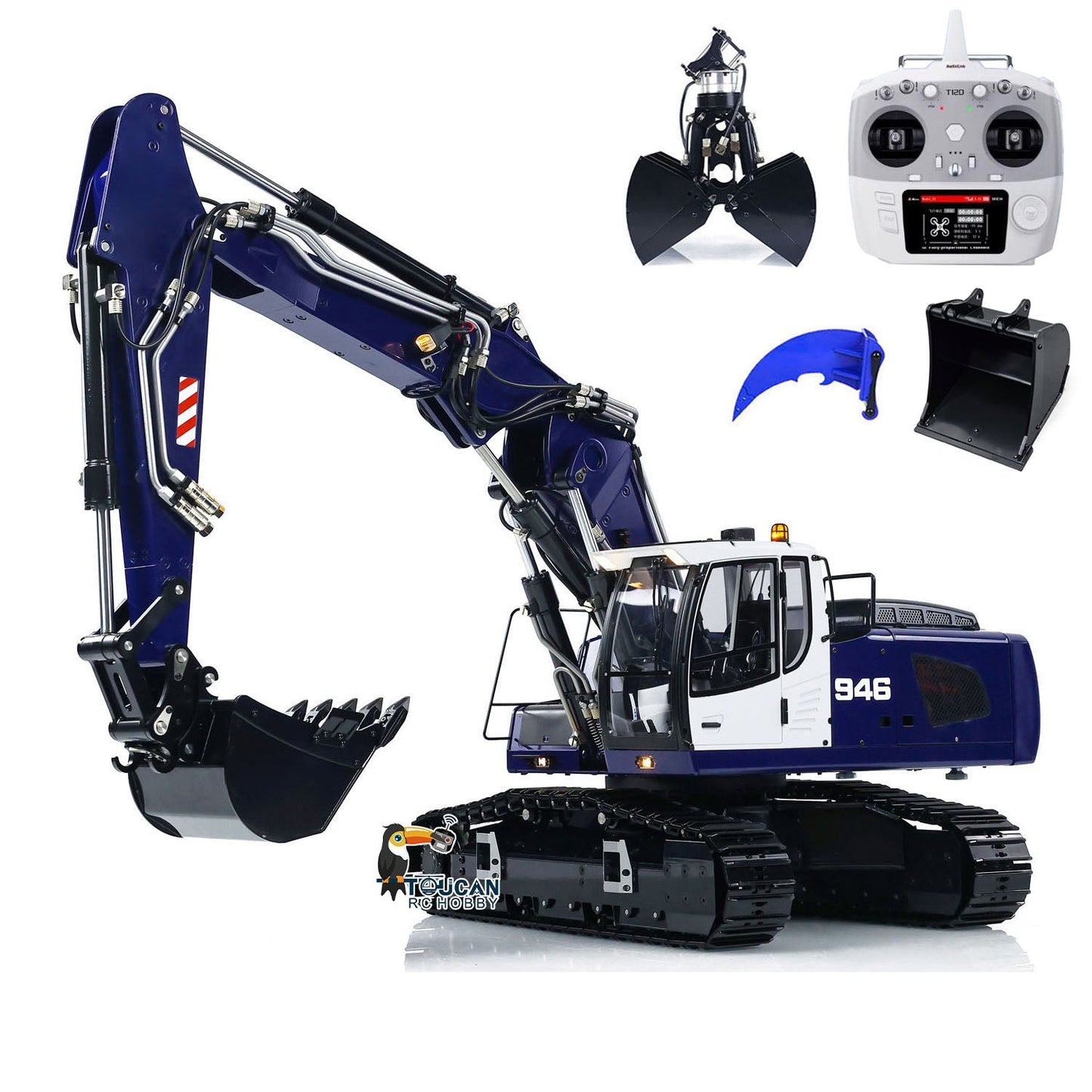 MTM 946-3 Metal 1/14 Excavator All-Metal Hydraulic Tracked Model with T12D Transmitter and Hydraulic Clamshell Attachment plus Large and Small Buckets Red White Finished