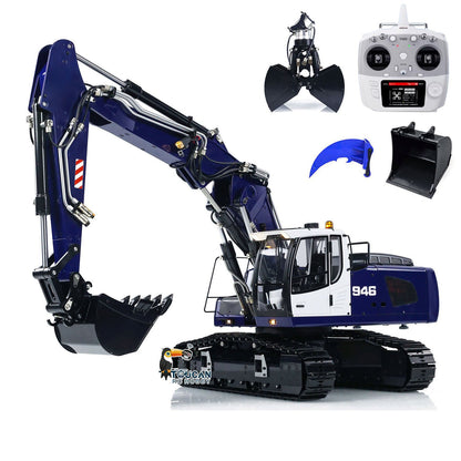 MTM 946-3 Metal 1/14 Excavator All-Metal Hydraulic Tracked Model with T12D Transmitter and Hydraulic Clamshell Attachment plus Large and Small Buckets Red White Finished