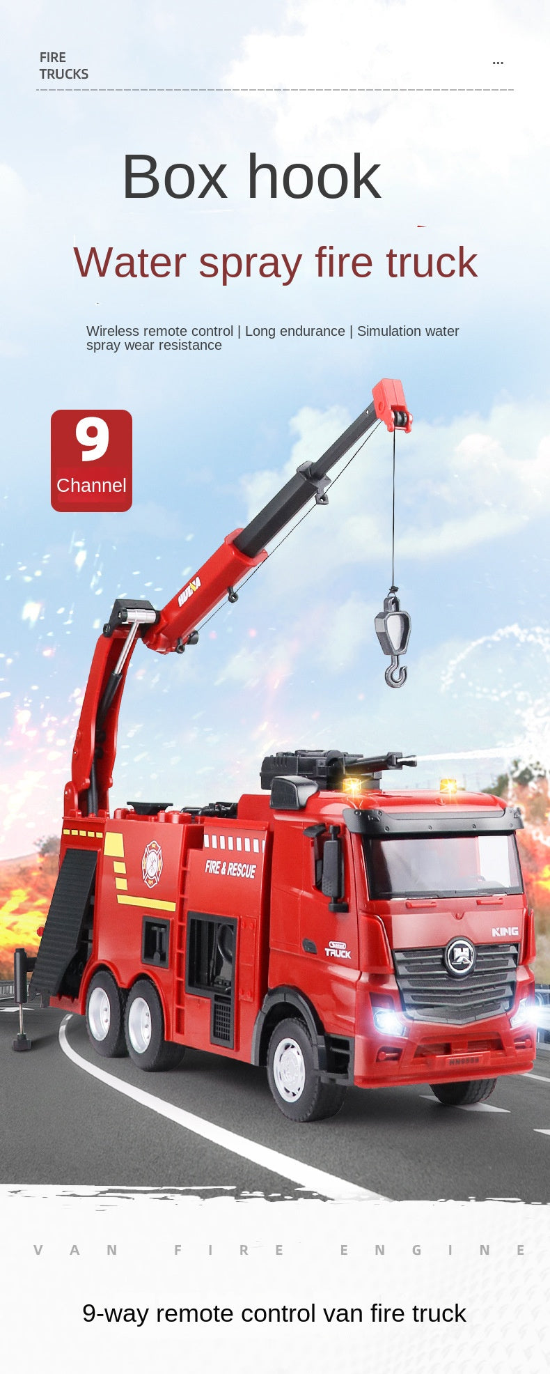 HUINA 1/18 1362 2.4G 9CH RC Fire Fighting Truck Model Remote Control Sprinkler Car Toy 41.6*11.6*27.4cm Assembled and Painted