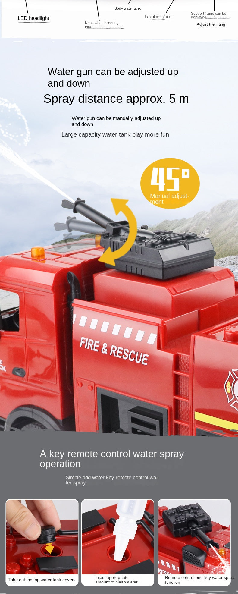 HUINA 1/18 1362 2.4G 9CH RC Fire Fighting Truck Model Remote Control Sprinkler Car Toy 41.6*11.6*27.4cm Assembled and Painted