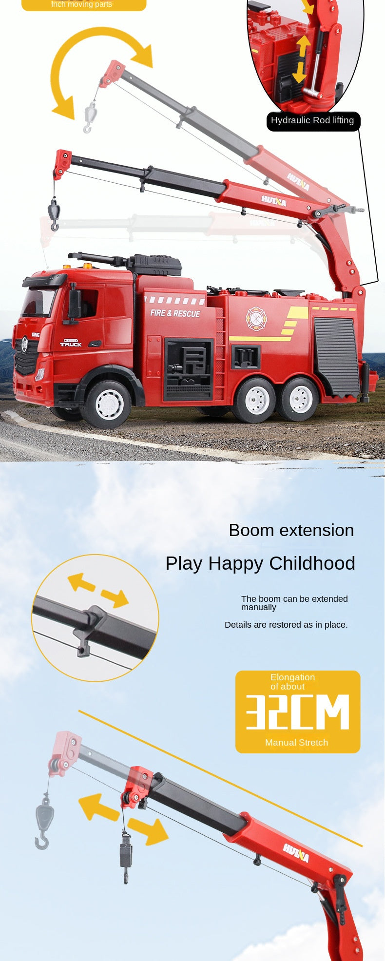 HUINA 1/18 1362 2.4G 9CH RC Fire Fighting Truck Model Remote Control Sprinkler Car Toy 41.6*11.6*27.4cm Assembled and Painted