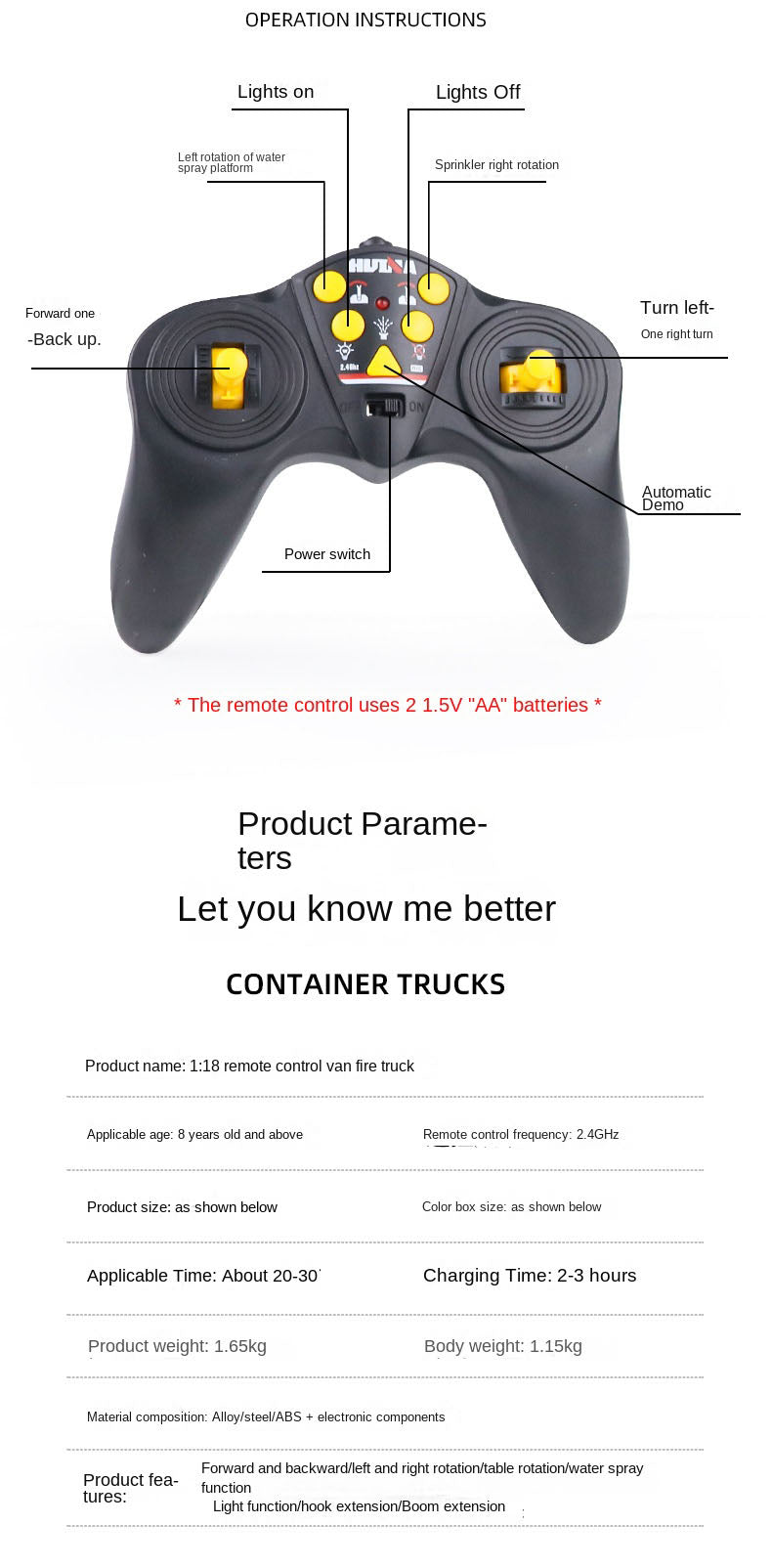 HUINA 1/18 1362 2.4G 9CH RC Fire Fighting Truck Model Remote Control Sprinkler Car Toy 41.6*11.6*27.4cm Assembled and Painted