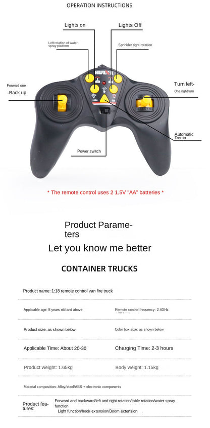 HUINA 1/18 1362 2.4G 9CH RC Fire Fighting Truck Model Remote Control Sprinkler Car Toy 41.6*11.6*27.4cm Assembled and Painted