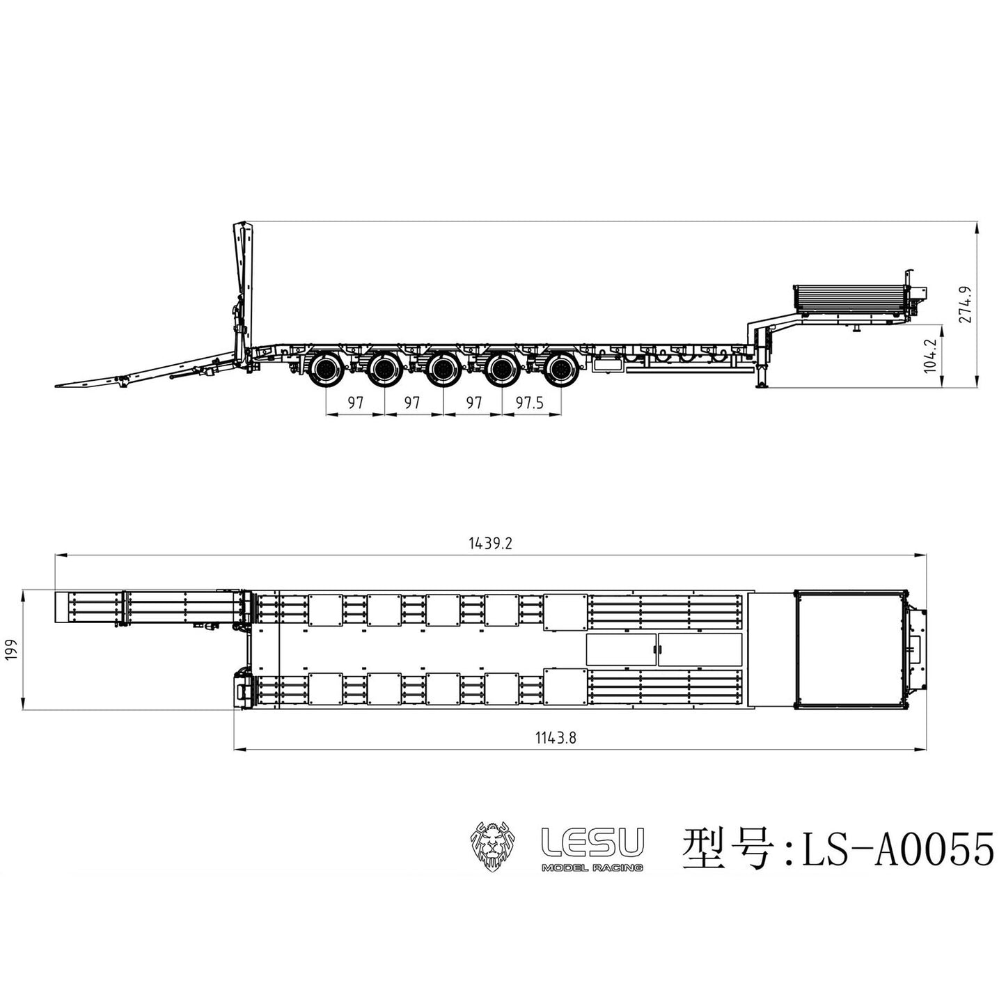 1/14 RC Metal Semi Trailer Painted KIT LESU A0055 Hydraulic System 5 Axles Steering for DIY Remote Control Dump Truck Model