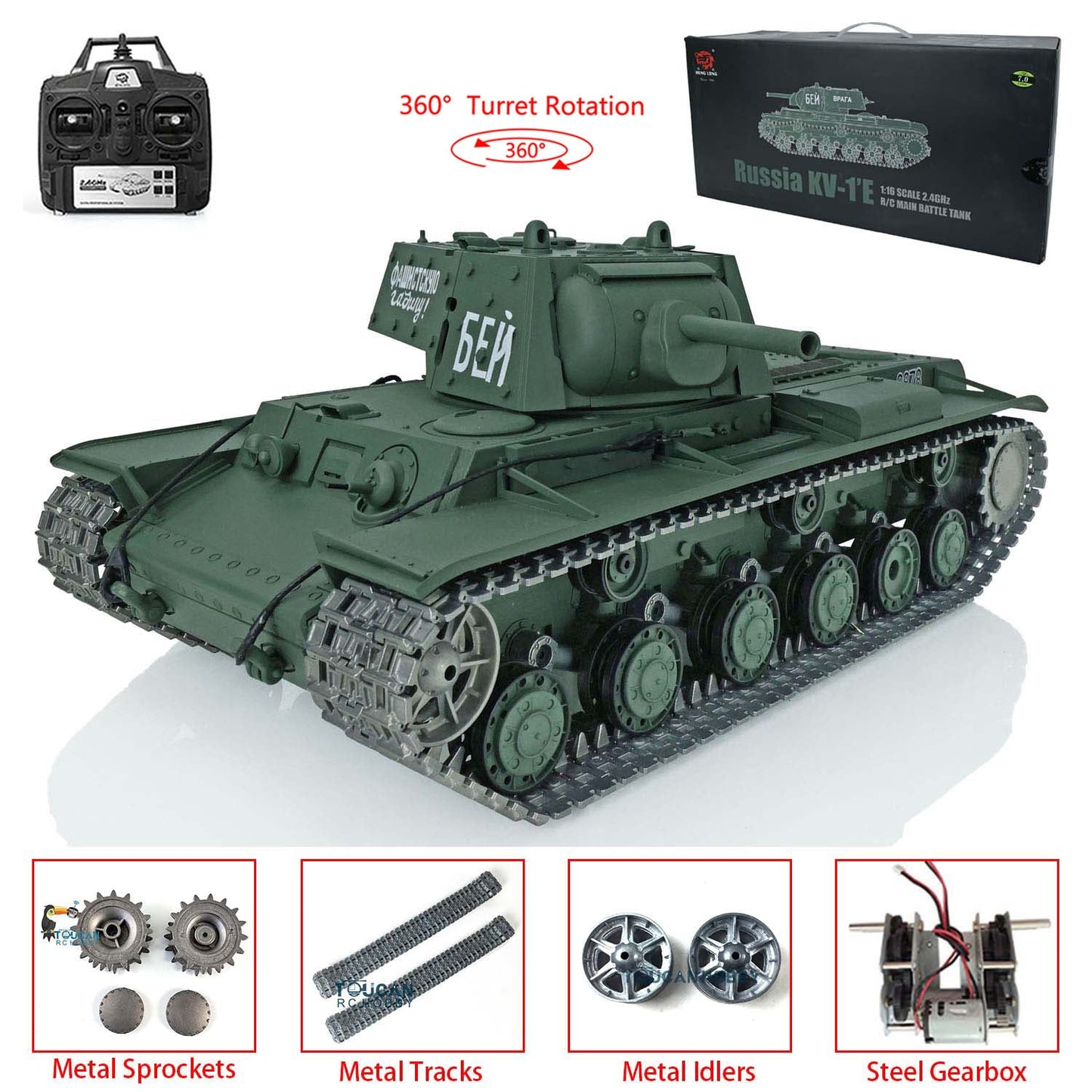 TOUCAN RC HOBBY Henglong 1/16 TK7.0 Promotion Soviet Union KV-1 RTR RC Tank 3878 360 Degrees Turret Smoke BB IR Metal Barrel Tracks Sprockets Idlers Wheels Gearbox