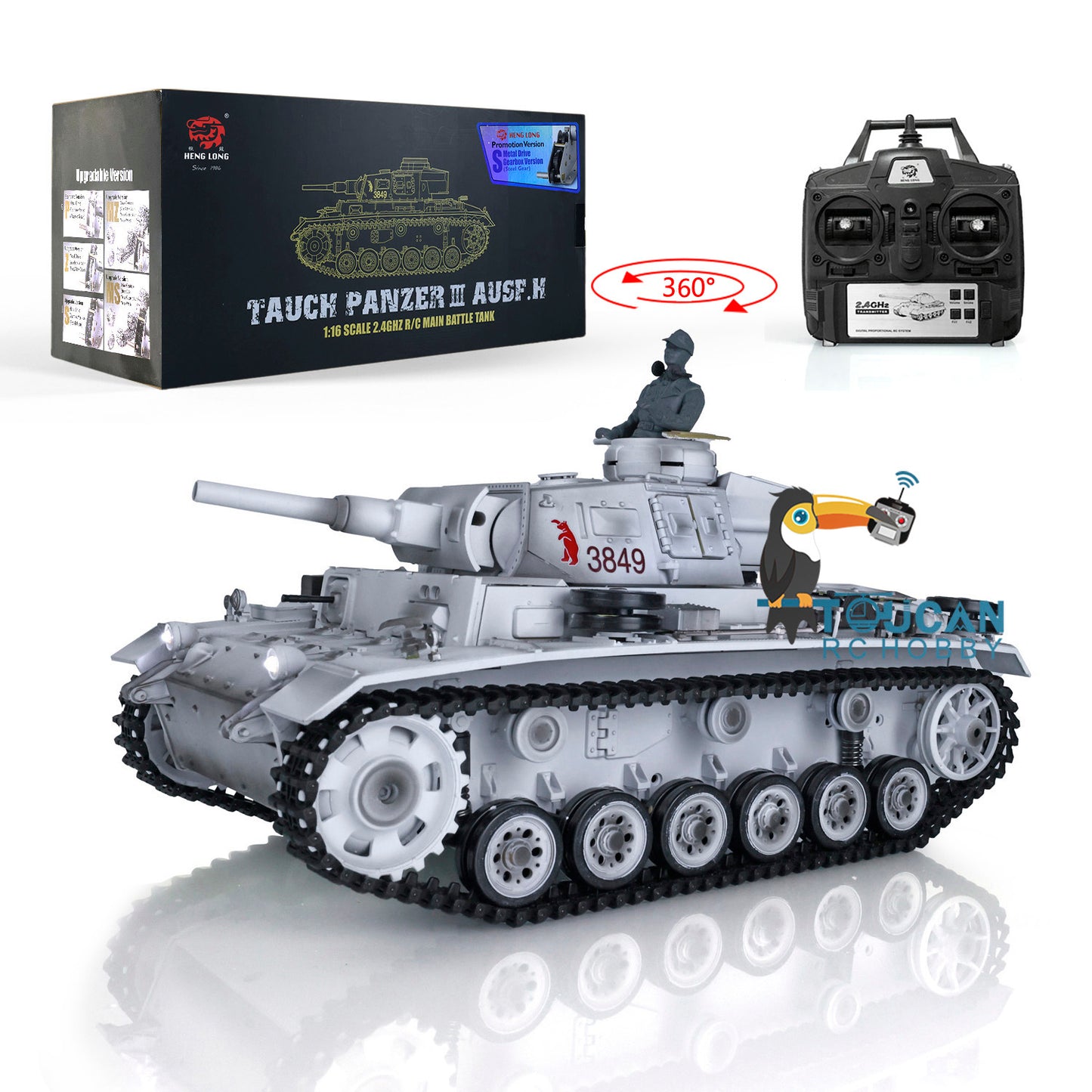 Henglong 1/16 Snow 7.0 Upgraded Panzer III H RTR RC Tank 3849 W/ 360 Degrees Turret Metal Tracks BB pellets Radio Controller Infrared Combat Transmitter