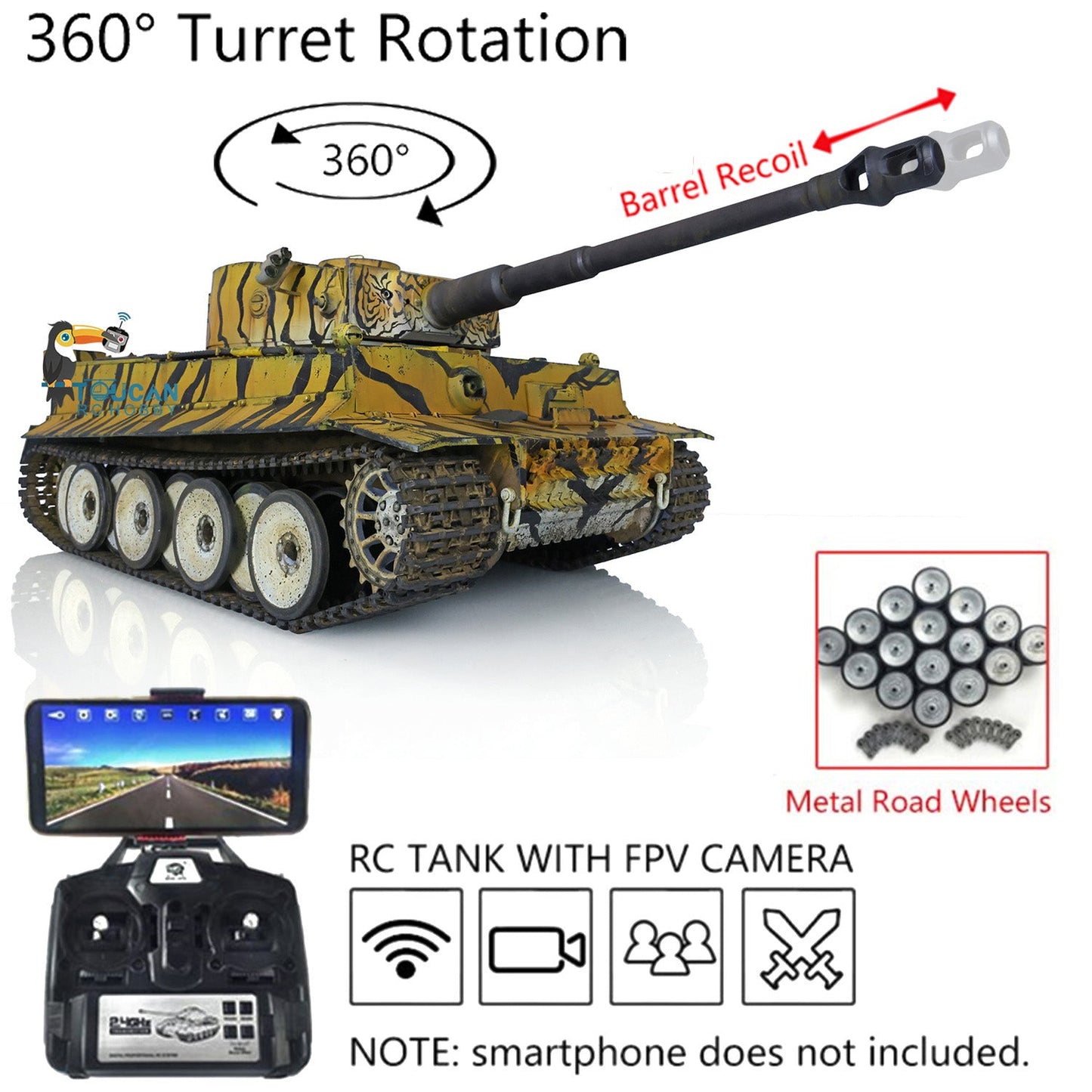 TOUCAN RC HOBBY Henglong 1/16 TK7.0 3818 Tiger I RTR RC Tank FPV 360 Degrees Turret Barrel Recoil Smoke Metal Tracks Sprockets Idlers Road Wheels Hand Spray Painting Color