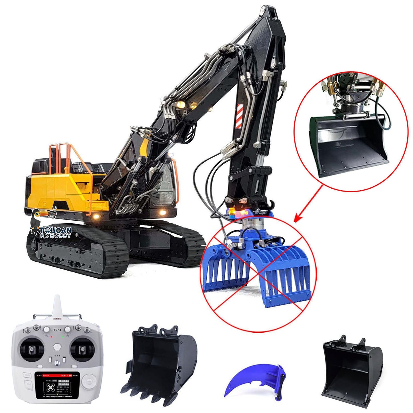 TOUCAN RC HOBBY MTModel EC380 Metal 1/14 RC Hydraulic Excavator 3-Arms Digger Tiltable Bucket 6-ways Reserving Valve Lights for Enthusiasts