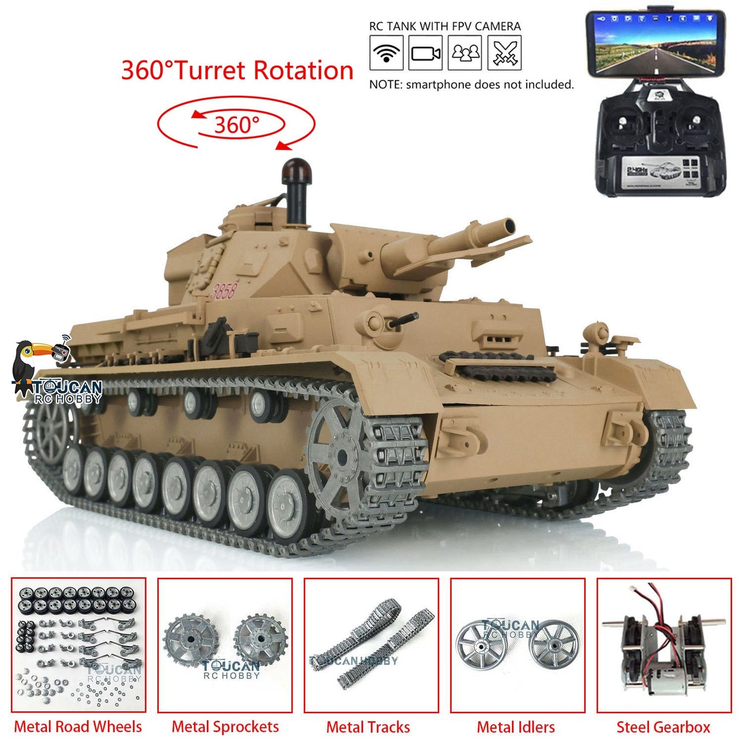 TOUCAN RC HOBBY Henglong 1/16 TK7.0 Profession German Panzer IV F2 F RTR RC Tank 3858 3859 360 Degrees Turret FPV IR BB Smoke Metal Tracks Sprockets Idlers Road Wheels Gearbox