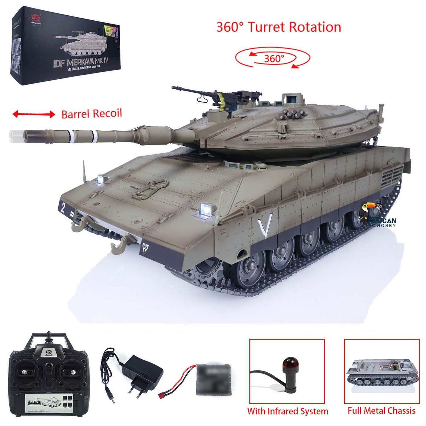 IDF Merkava MK IV with Full Metal for Heng Long 1/16 RC Battle Tank Vehicle lnfrared Fighting Laser Aming Lights