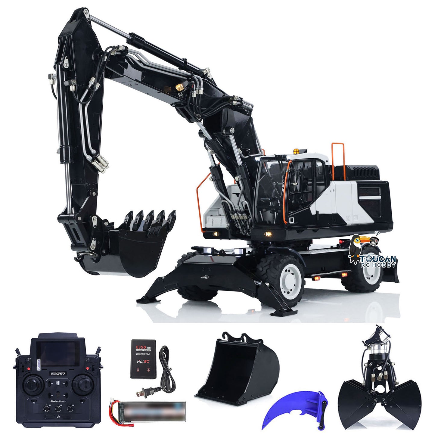 EC380 1/14 RC Hydraulic Excavator Wheeled Construction Vehicle 3-arm Remote Control Diggers Model Grab Tiltable Clamshell Bucket