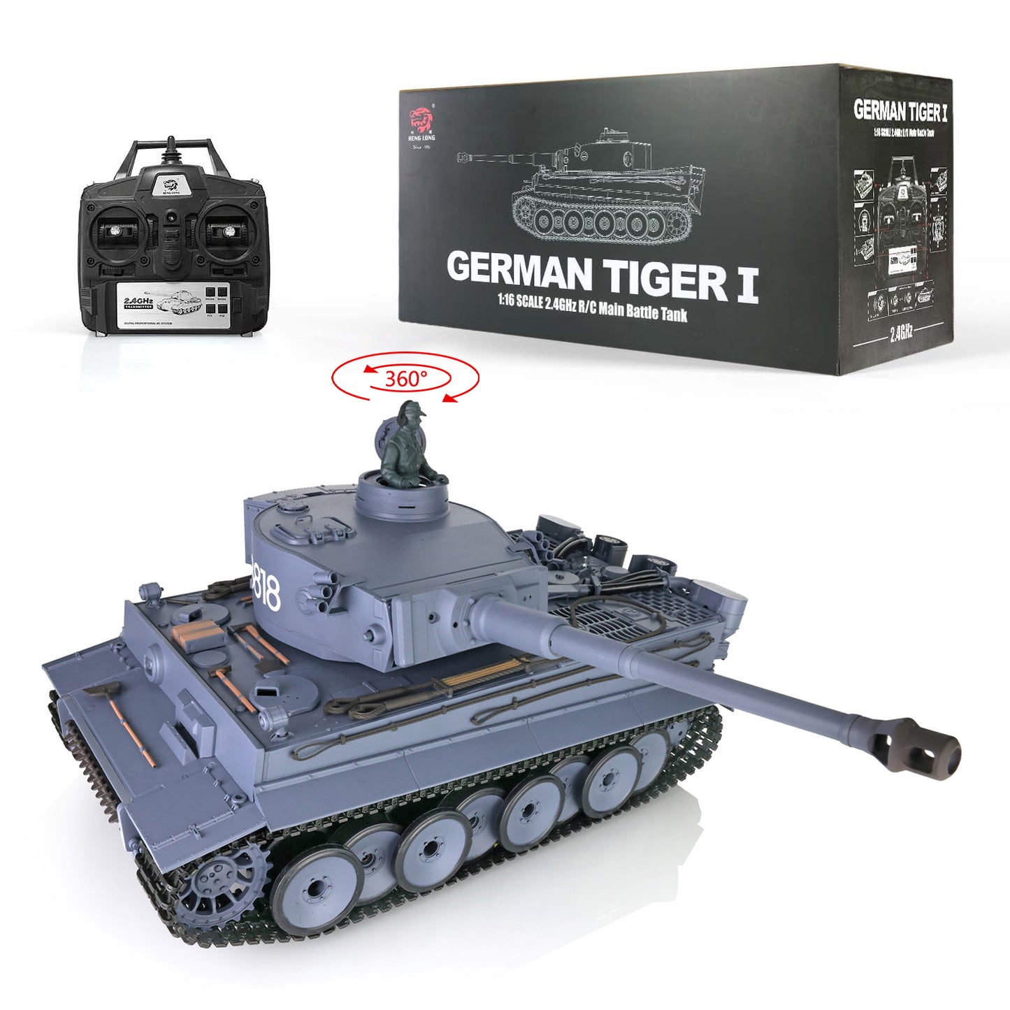 Henglong 1/16 Radio Control Tank Plastic Tiger I German Tank 3818 RC Tank 7.0 Ver w/ 360Degrees Rotating Turret Barrel Recoil Smoking