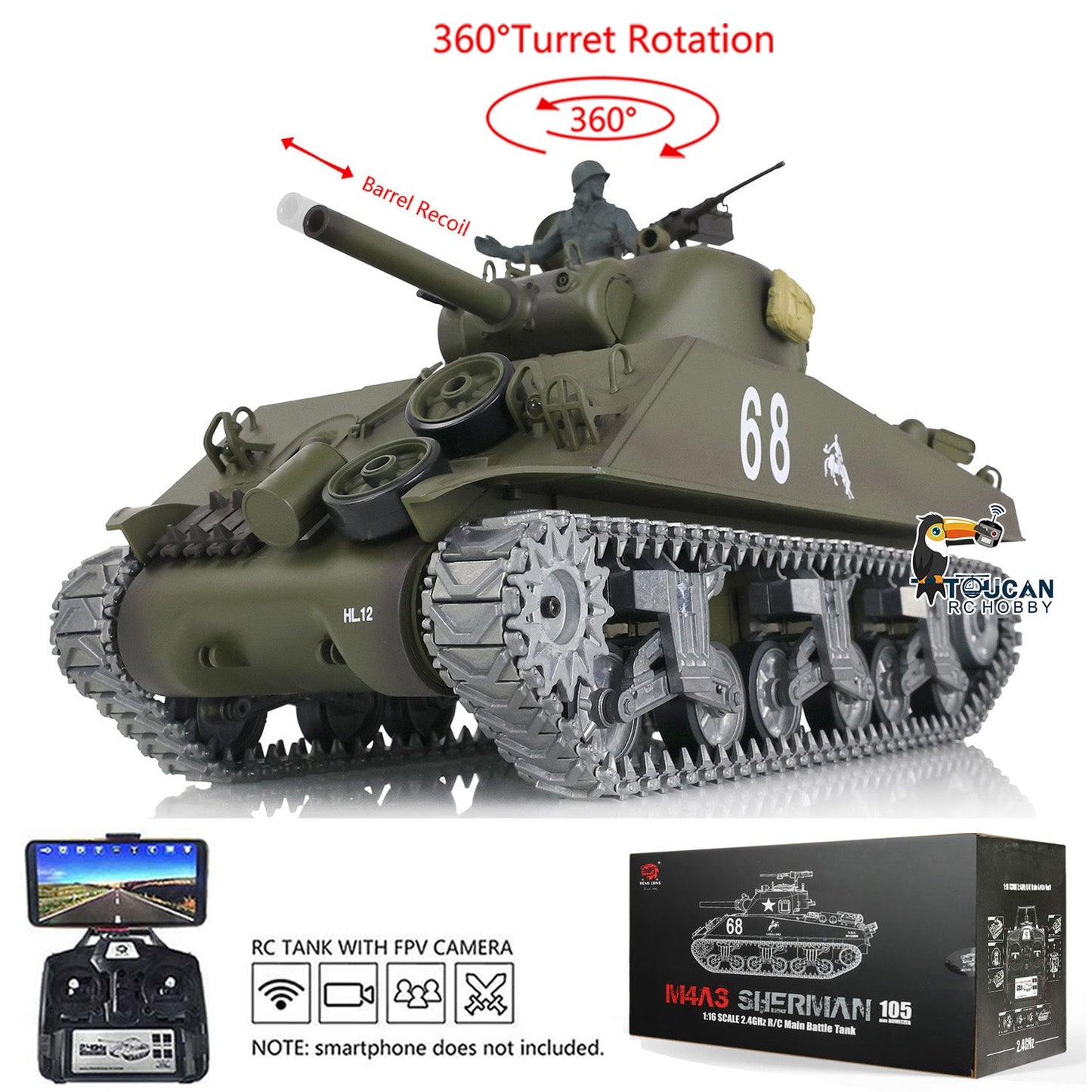 TOUCAN RC HOBBY Henglong 1/16 TK7.0 3898 M4A3 Sherman RTR RC Tank with 360 Degrees Turret FPV IR BB Smoke Barrel Recoil Metal Tracks Sprockets Idlers Road Wheels