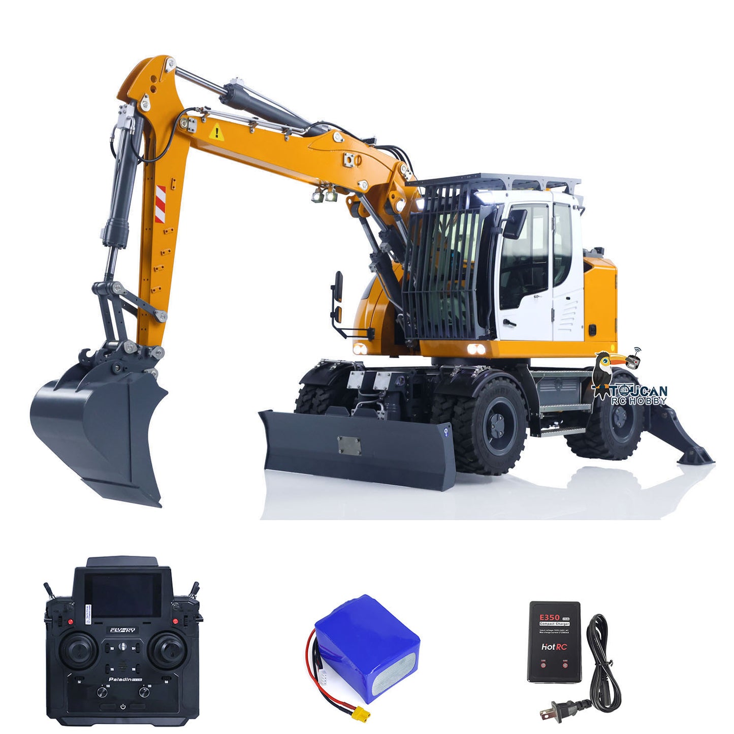 CUT Model 1/14 Remote Control Hydraulic Wheeled Excavator 3Arms LR914 8CH Valve Metal RC Digger Flysky PL18EV Lite Radio RTR