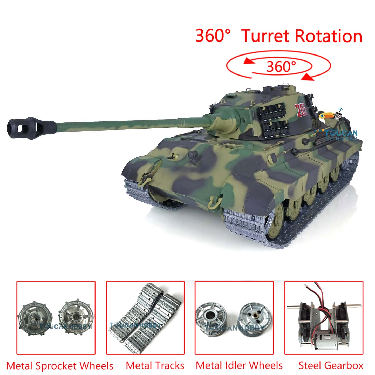 Henglong 1/16 7.0 Radio Control Tank German King Tiger Upgraded 3888A RC Tank W/ 360Degrees Rotating Turret Metal Tracks BB Shooting