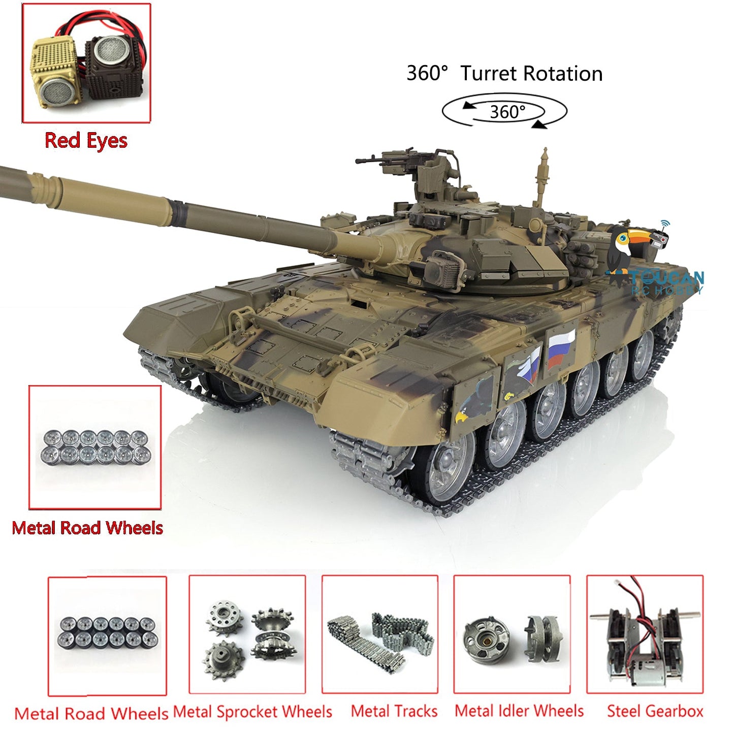 TOUCAN RC HOBBY Henglong 1/16 TK7.0 Profession Russian T90 RC Tank 3938 with Red Eyes 360 Degrees Turret Smoke Infrared Combat Metal Sprockets Idlers Road Wheels