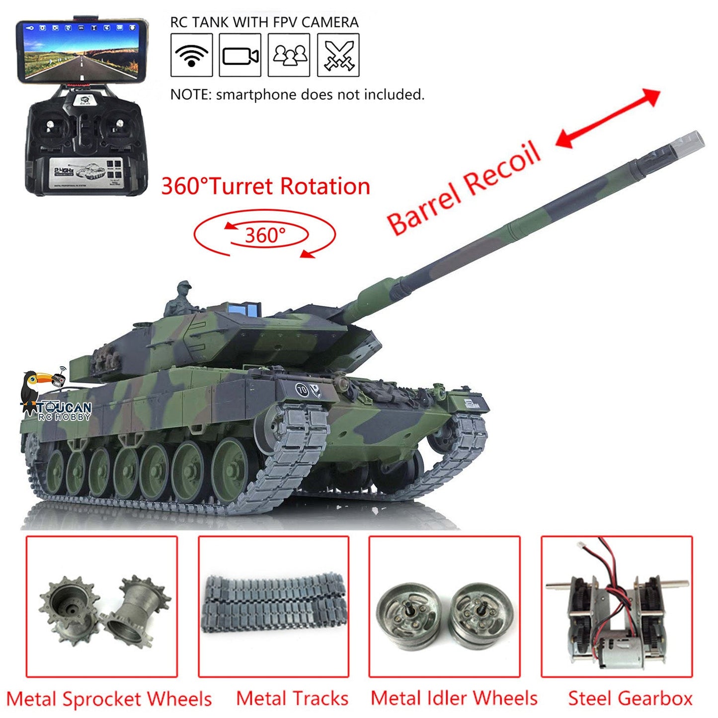 TOUCAN RC HOBBY Henglong 1/16 TK7.0 Promotion German Leopard2A6 RTR RC Tank 3889 with 360 Degrees Turret Barrel Recoil Smoke BB IR Metal Tracks Sprockets Idlers Wheels Gearbox