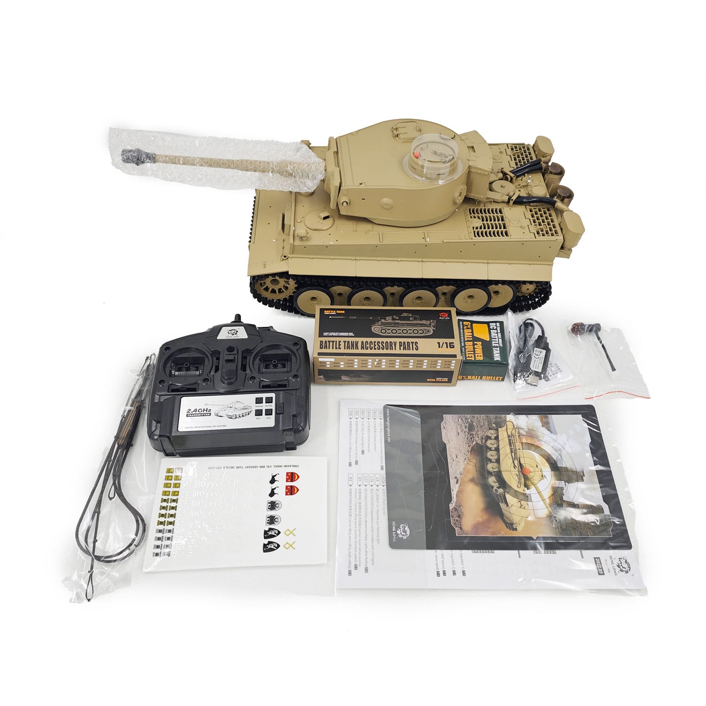 2.4Ghz Henglong 1/16 7.0 Plastic German Tiger I RTR RC Tank 3818 BB IR Barrel Recoil Steel Gearbox 320 Degree Rotating Turret