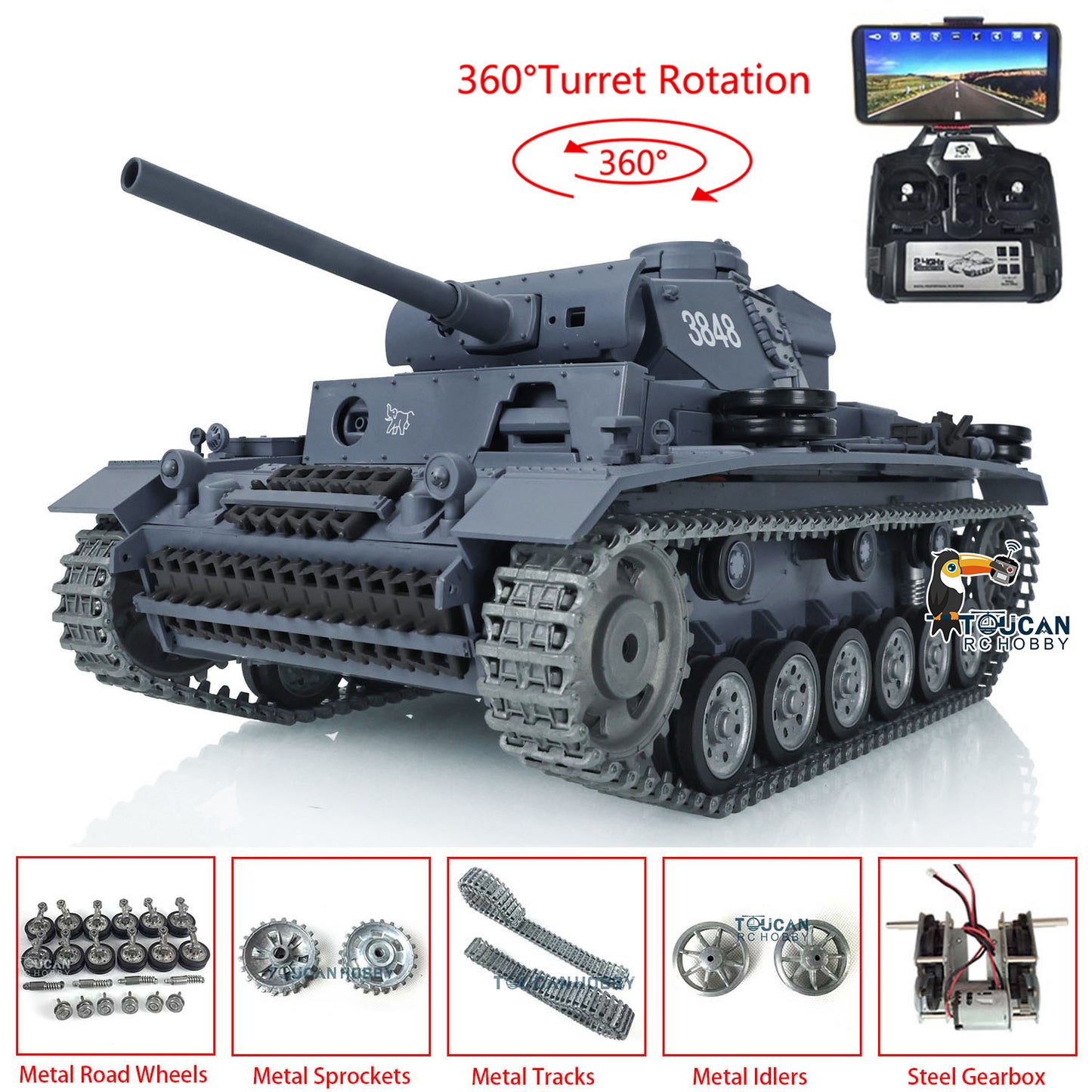 Henglong 1/16 RTR RC Tank 3848 7.0 Customized Panzer III L w/ 360Degrees Rotating Turret FPV Metal Tracks Road Wheels Smoking Gearbox